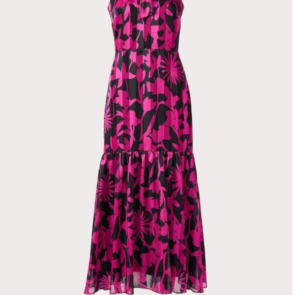 NWT: MILLY Floral Shadow Tie Halter Neck Sleeveless Dress In Magenta - Picture 2 of 11